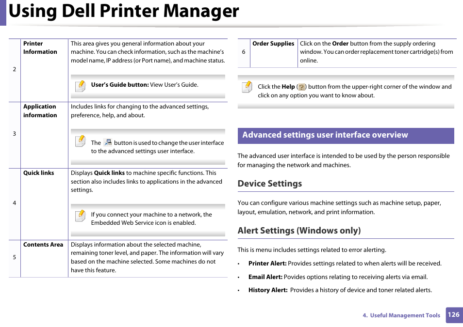 Using dell printer manager, Device settings, Alert settings (windows only) | Advanced settings user interface overview | Dell B1160w Wireless Mono Laser Printer User Manual | Page 126 / 165