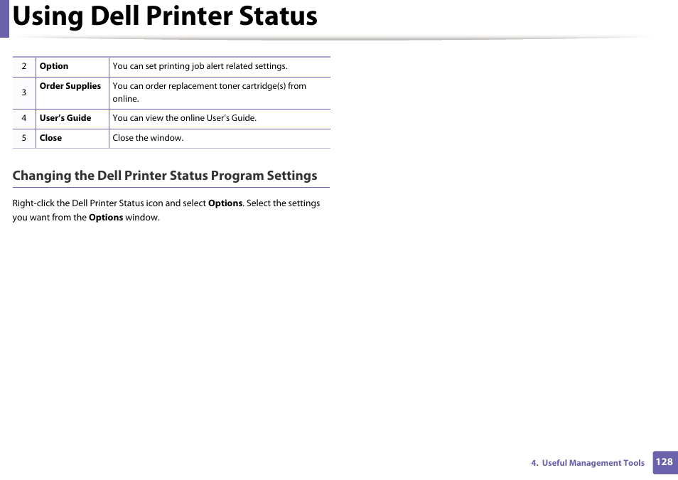 Using dell printer status, Changing the dell printer status program settings | Dell B1160w Wireless Mono Laser Printer User Manual | Page 128 / 165