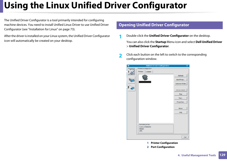 Using the linux unified driver configurator | Dell B1160w Wireless Mono Laser Printer User Manual | Page 129 / 165