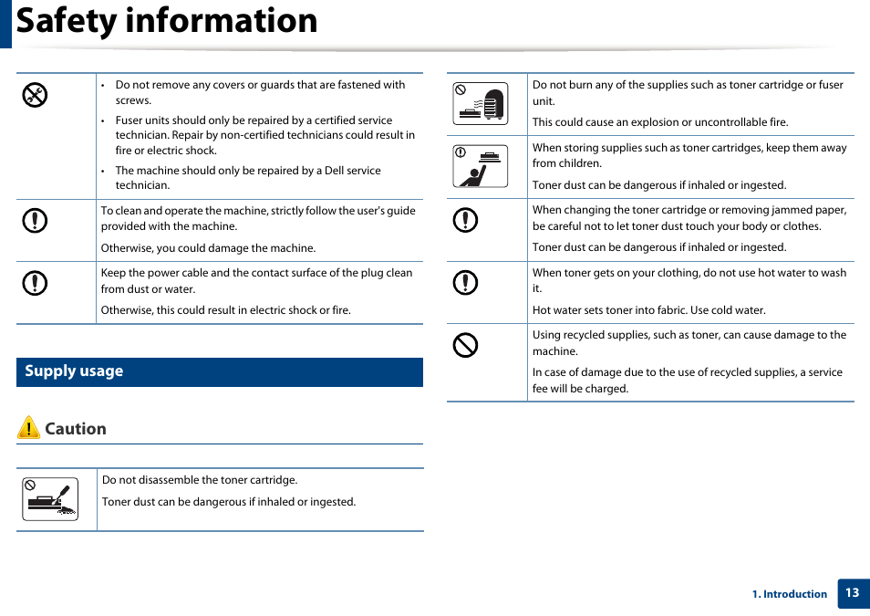 Safety information, Caution, Supply usage | Dell B1160w Wireless Mono Laser Printer User Manual | Page 13 / 165