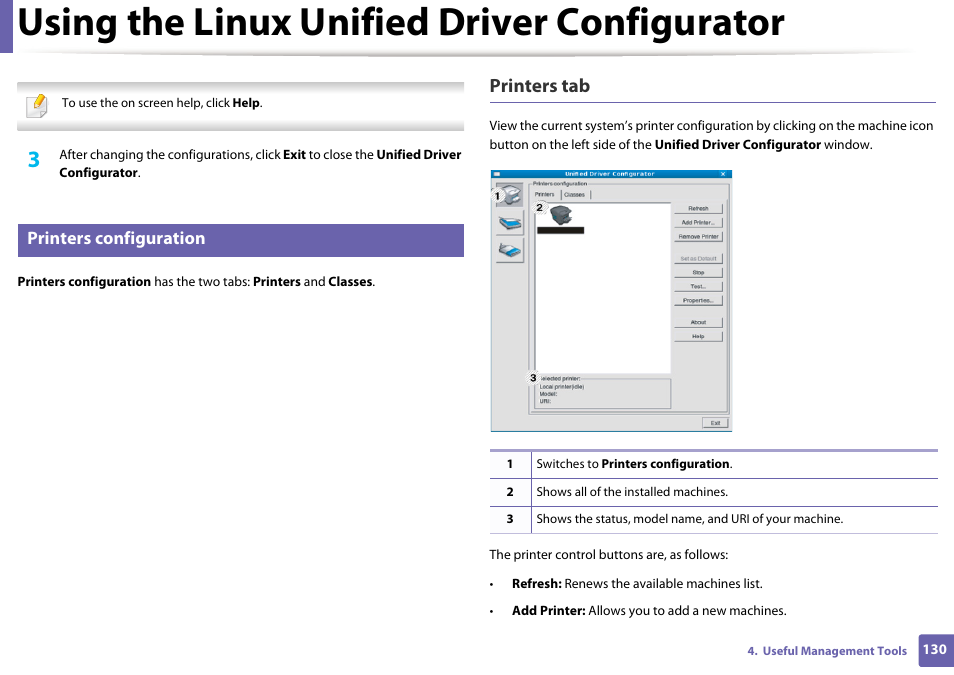 Using the linux unified driver configurator, Printers tab, Printers configuration | Dell B1160w Wireless Mono Laser Printer User Manual | Page 130 / 165