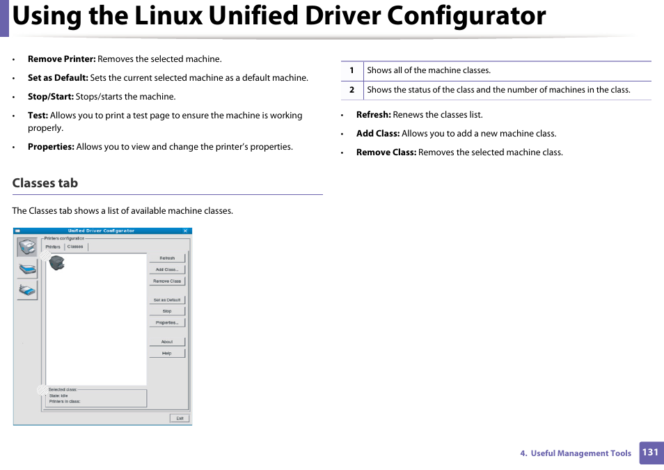 Using the linux unified driver configurator, Classes tab | Dell B1160w Wireless Mono Laser Printer User Manual | Page 131 / 165