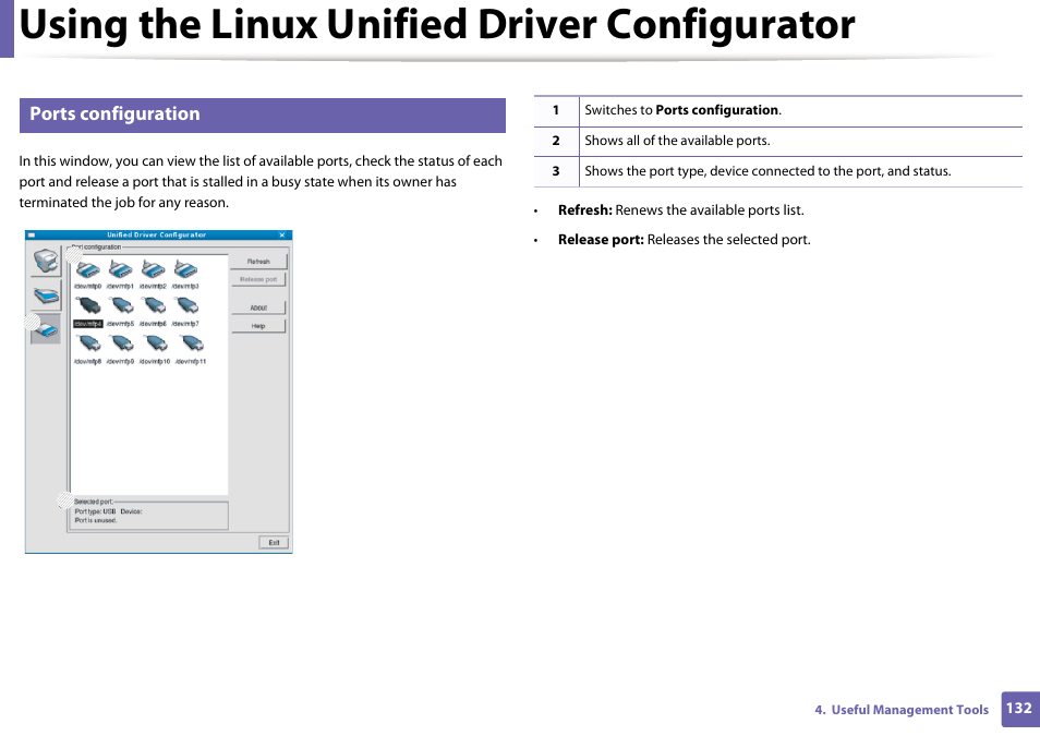 Using the linux unified driver configurator, Ports configuration | Dell B1160w Wireless Mono Laser Printer User Manual | Page 132 / 165