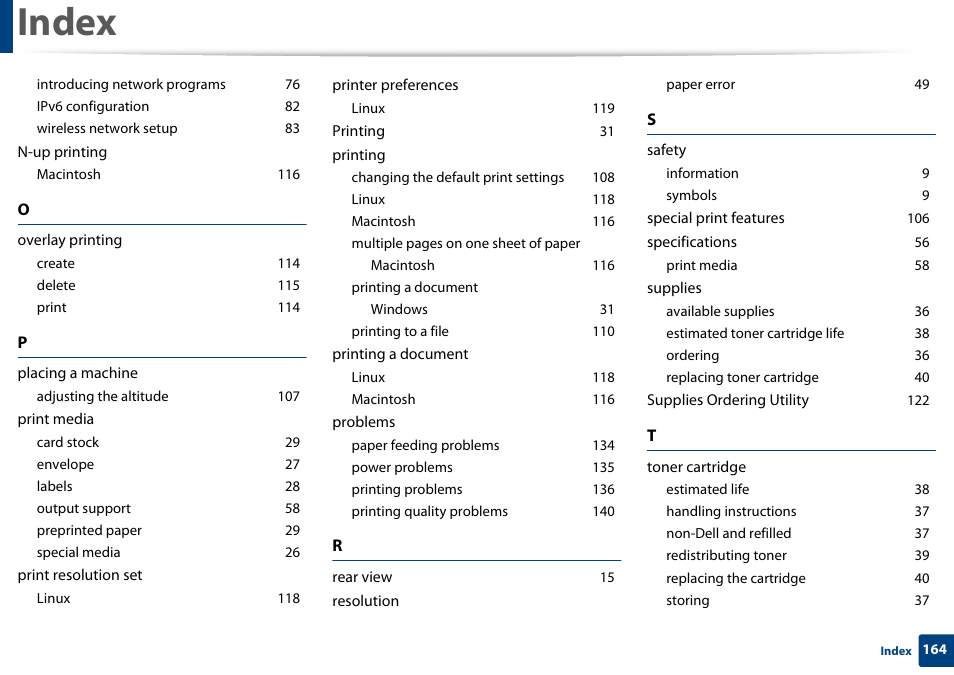 Index | Dell B1160w Wireless Mono Laser Printer User Manual | Page 164 / 165