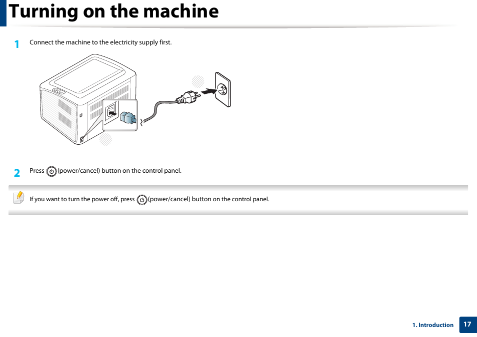 Turning on the machine | Dell B1160w Wireless Mono Laser Printer User Manual | Page 17 / 165