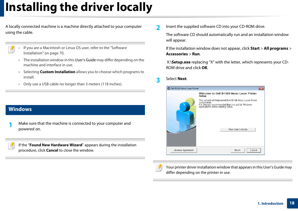 Installing the driver locally, Windows | Dell B1160w Wireless Mono Laser Printer User Manual | Page 18 / 165
