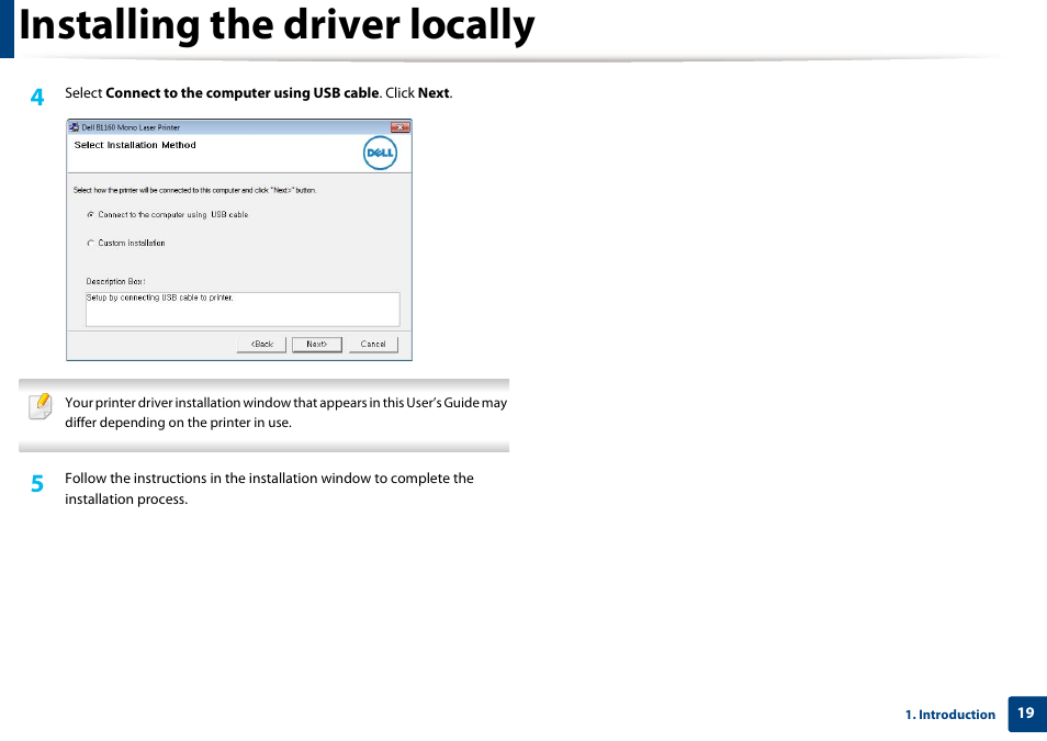 Installing the driver locally | Dell B1160w Wireless Mono Laser Printer User Manual | Page 19 / 165