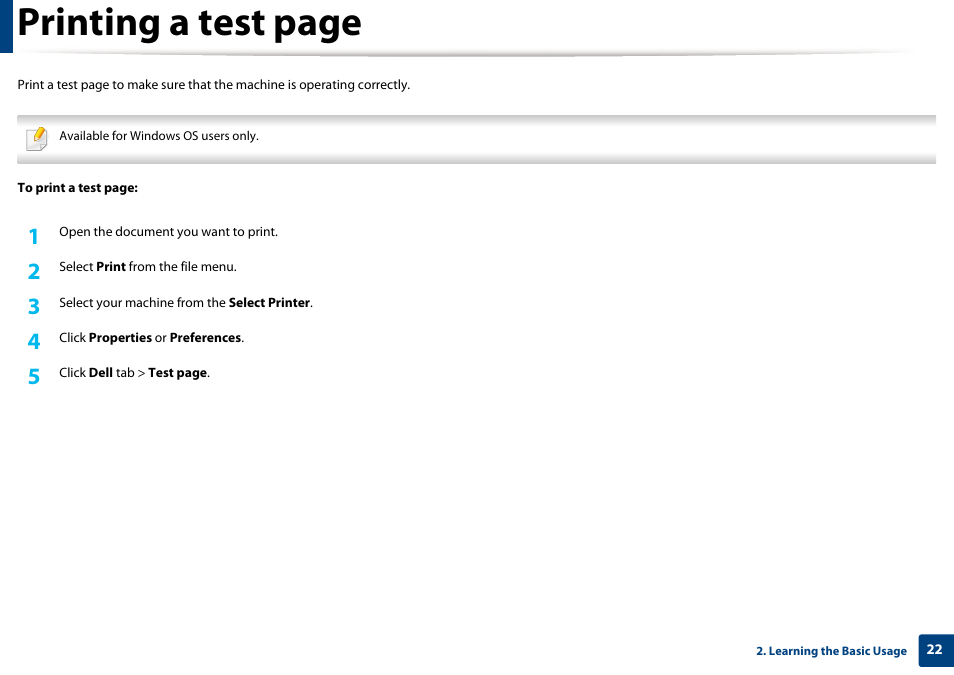 Printing a test page | Dell B1160w Wireless Mono Laser Printer User Manual | Page 22 / 165