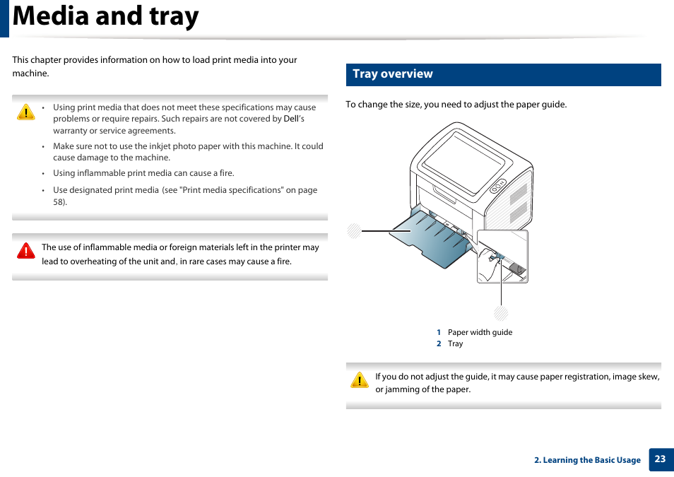 Media and tray, Tray overview | Dell B1160w Wireless Mono Laser Printer User Manual | Page 23 / 165