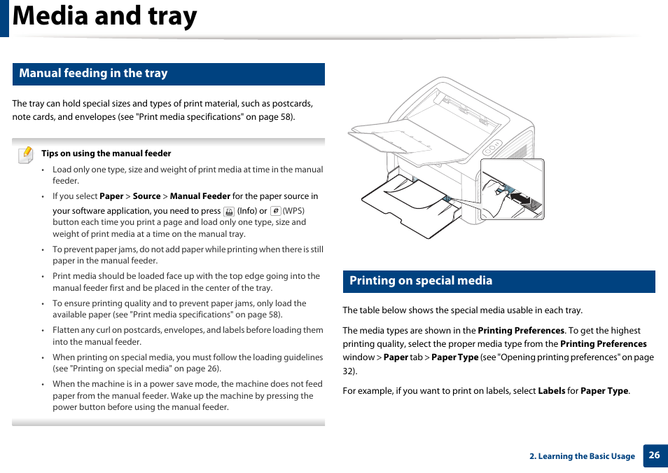 Media and tray, Manual feeding in the tray, Printing on special media | Dell B1160w Wireless Mono Laser Printer User Manual | Page 26 / 165