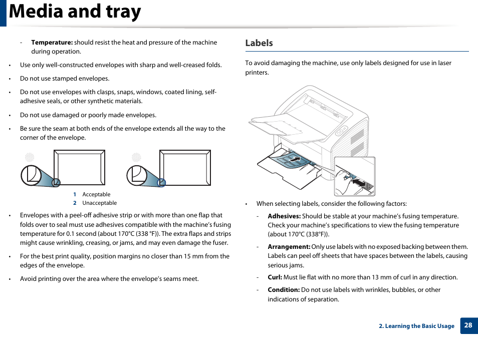 Media and tray, Labels | Dell B1160w Wireless Mono Laser Printer User Manual | Page 28 / 165