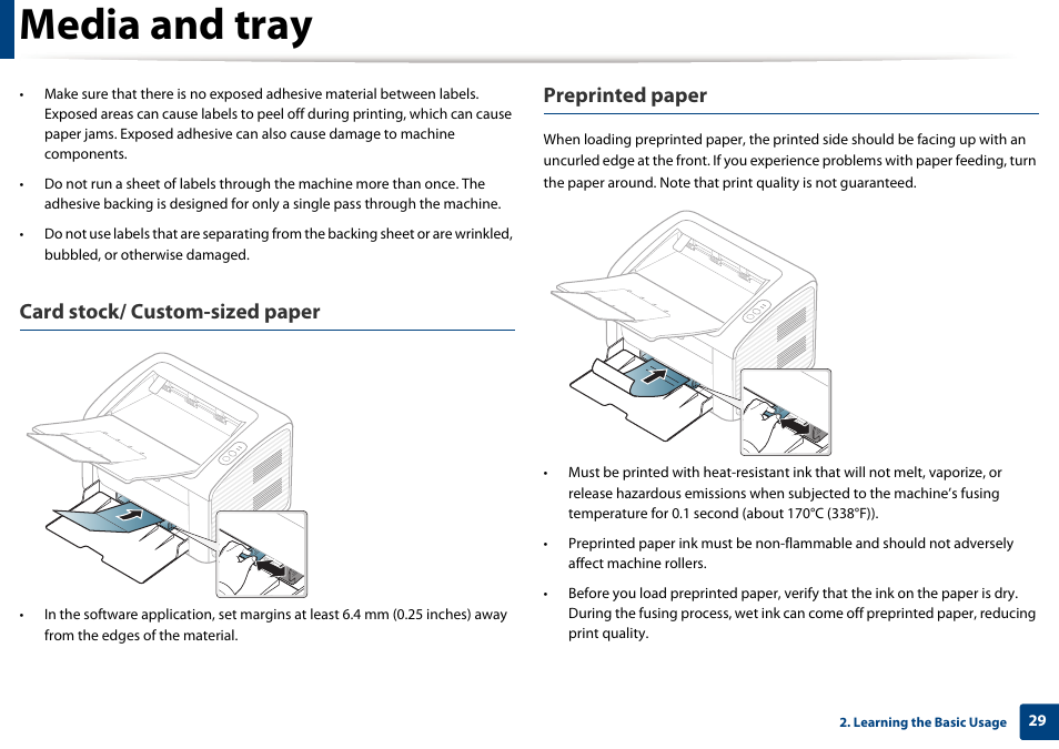 Media and tray, Card stock/ custom-sized paper, Preprinted paper | Dell B1160w Wireless Mono Laser Printer User Manual | Page 29 / 165