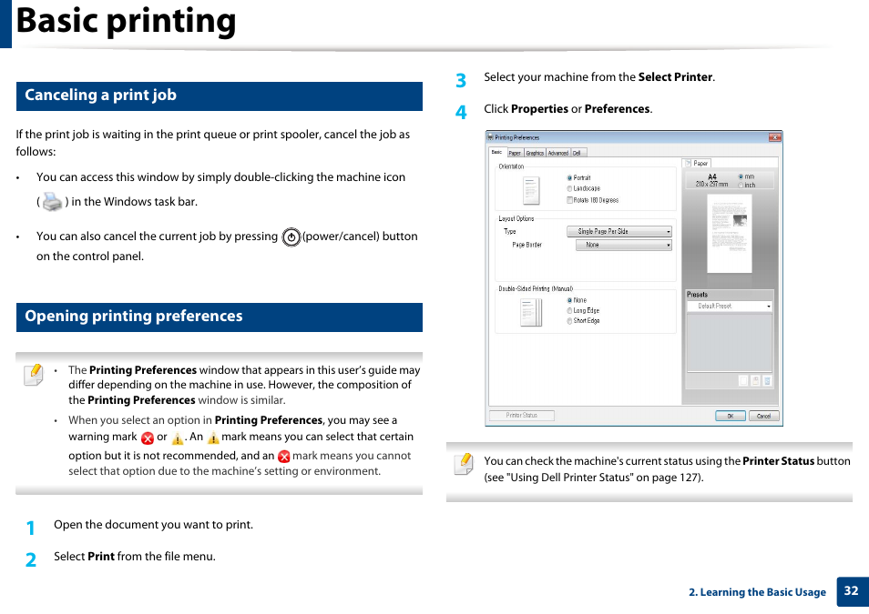 Basic printing, Canceling a print job, Opening printing preferences | Dell B1160w Wireless Mono Laser Printer User Manual | Page 32 / 165