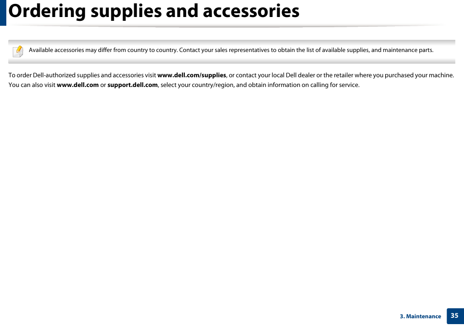 Ordering supplies and accessories | Dell B1160w Wireless Mono Laser Printer User Manual | Page 35 / 165