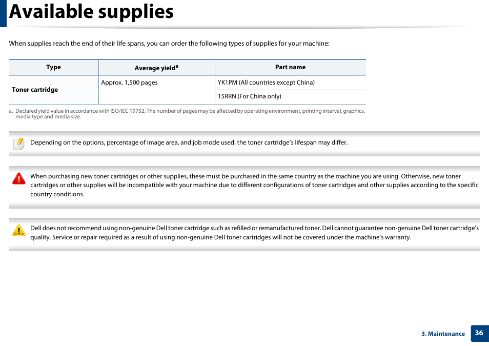 Available supplies | Dell B1160w Wireless Mono Laser Printer User Manual | Page 36 / 165