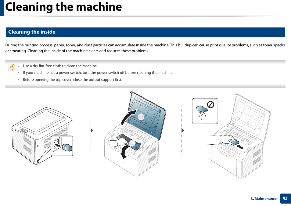 Cleaning the machine, Cleaning the inside | Dell B1160w Wireless Mono Laser Printer User Manual | Page 43 / 165