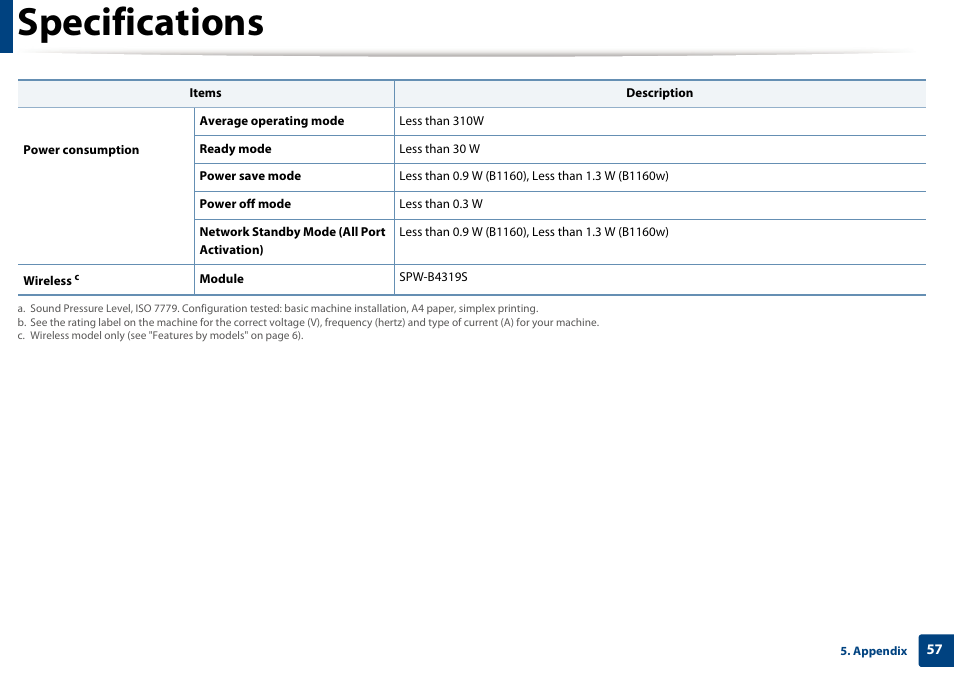 Specifications | Dell B1160w Wireless Mono Laser Printer User Manual | Page 57 / 165