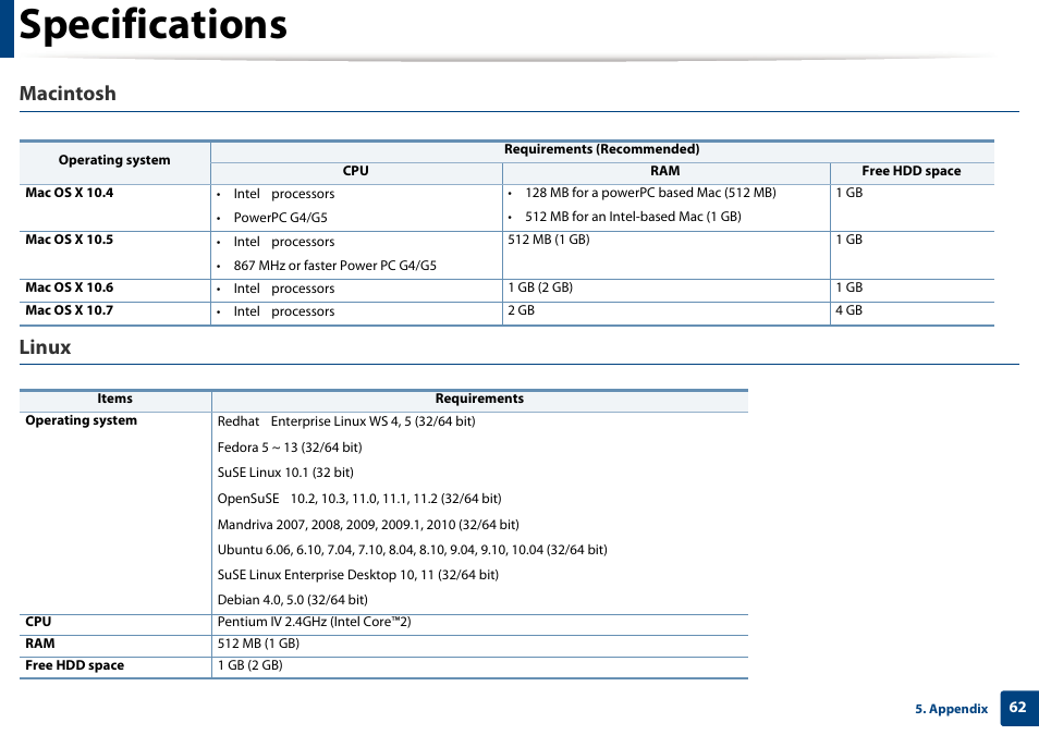 Specifications, Macintosh, Linux | Dell B1160w Wireless Mono Laser Printer User Manual | Page 62 / 165