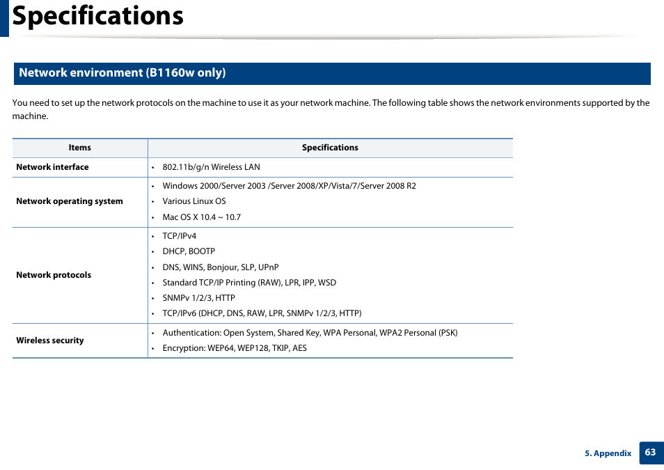 Specifications, Network environment (b1160w only) | Dell B1160w Wireless Mono Laser Printer User Manual | Page 63 / 165