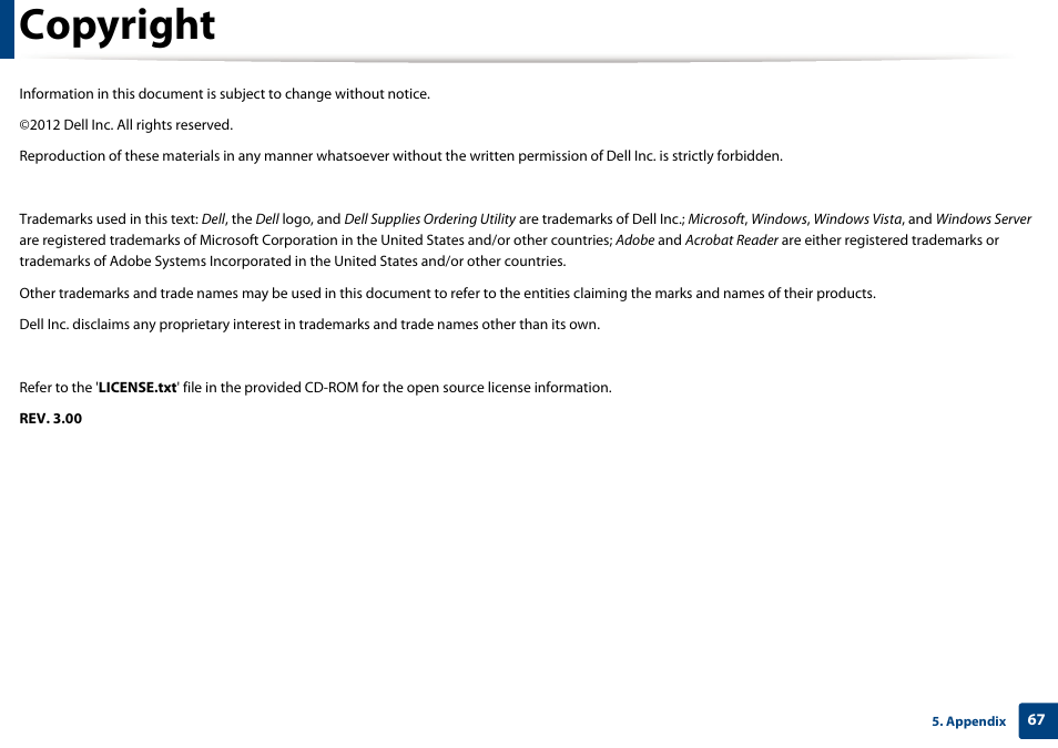 Copyright | Dell B1160w Wireless Mono Laser Printer User Manual | Page 67 / 165