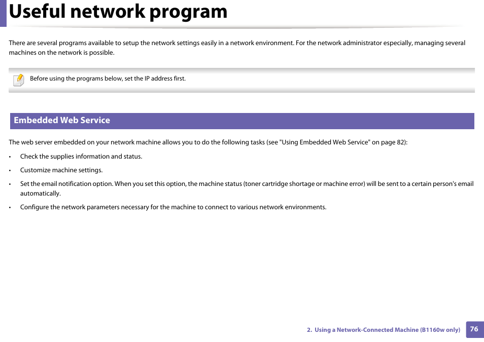 Useful network program, Embedded web service | Dell B1160w Wireless Mono Laser Printer User Manual | Page 76 / 165