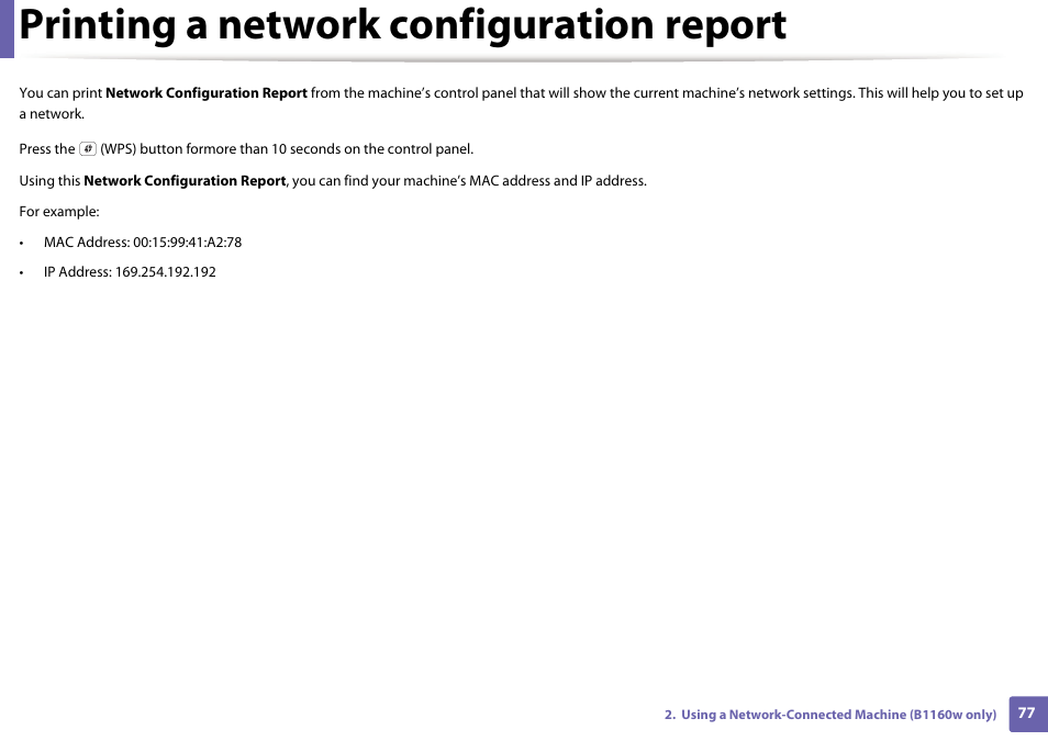 Printing a network configuration report | Dell B1160w Wireless Mono Laser Printer User Manual | Page 77 / 165