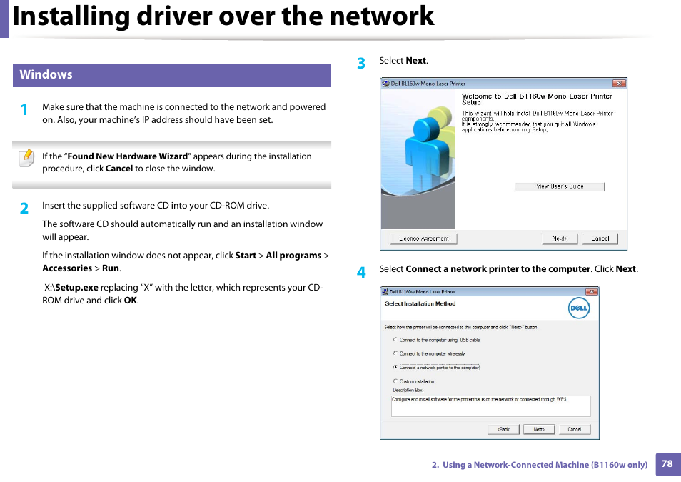 Installing driver over the network | Dell B1160w Wireless Mono Laser Printer User Manual | Page 78 / 165