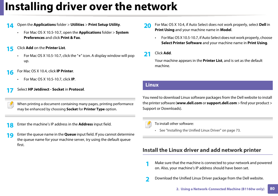 Installing driver over the network, Install the linux driver and add network printer | Dell B1160w Wireless Mono Laser Printer User Manual | Page 80 / 165