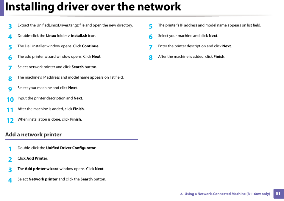 Installing driver over the network | Dell B1160w Wireless Mono Laser Printer User Manual | Page 81 / 165