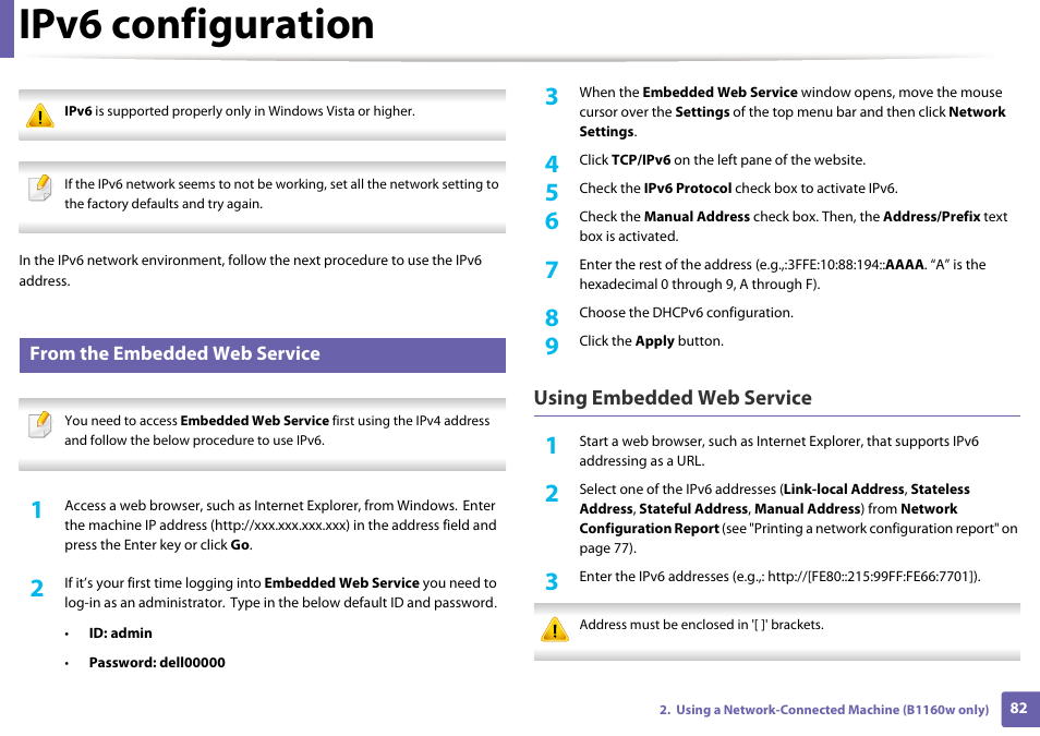 Ipv6 configuration, Using embedded web service | Dell B1160w Wireless Mono Laser Printer User Manual | Page 82 / 165