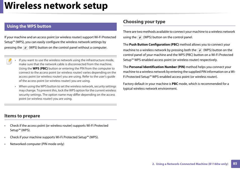 Wireless network setup, Items to prepare, Choosing your type | Using the wps button | Dell B1160w Wireless Mono Laser Printer User Manual | Page 85 / 165