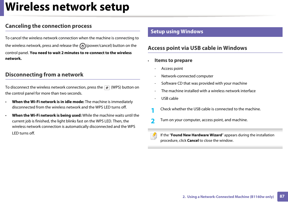 Wireless network setup, Canceling the connection process, Disconnecting from a network | Access point via usb cable in windows, Setup using windows | Dell B1160w Wireless Mono Laser Printer User Manual | Page 87 / 165