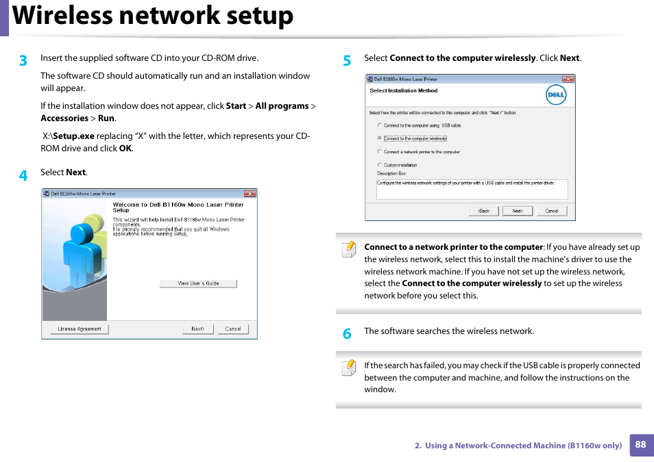 Wireless network setup | Dell B1160w Wireless Mono Laser Printer User Manual | Page 88 / 165