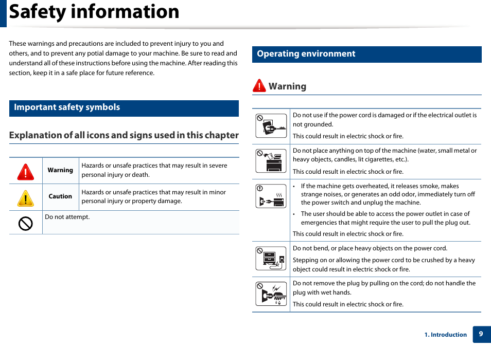 Safety information, Warning, Important safety symbols | Operating environment | Dell B1160w Wireless Mono Laser Printer User Manual | Page 9 / 165