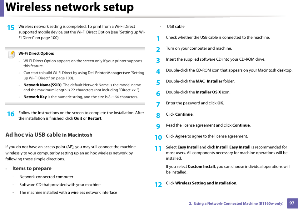 Wireless network setup, Ad hoc via usb cable | Dell B1160w Wireless Mono Laser Printer User Manual | Page 97 / 165