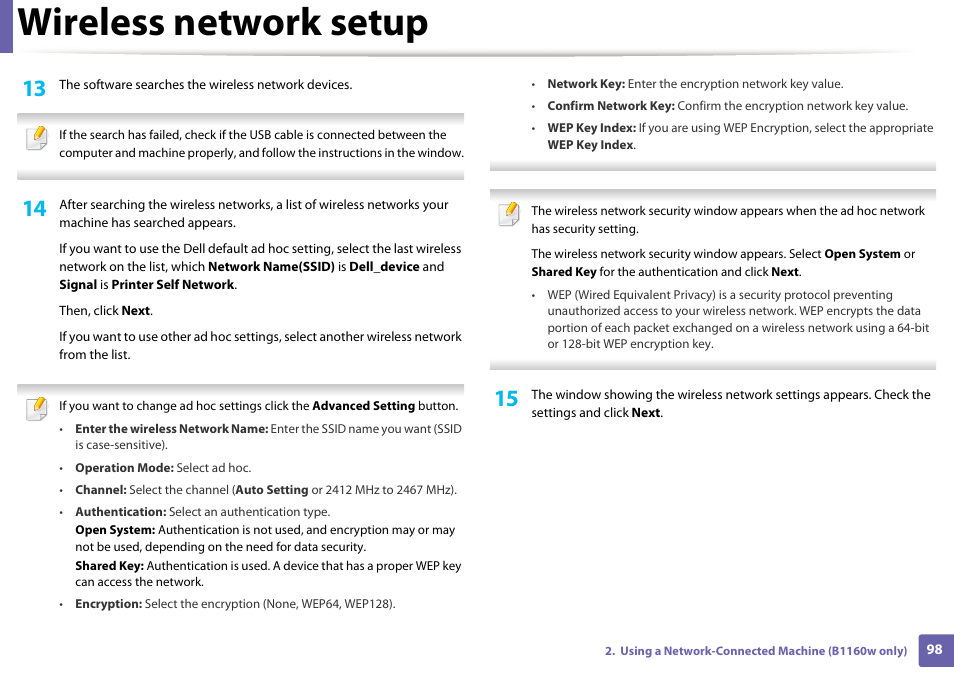 Wireless network setup | Dell B1160w Wireless Mono Laser Printer User Manual | Page 98 / 165