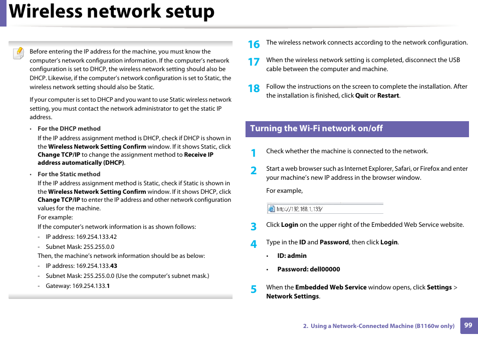 Wireless network setup, Turning the wi-fi network on/off | Dell B1160w Wireless Mono Laser Printer User Manual | Page 99 / 165