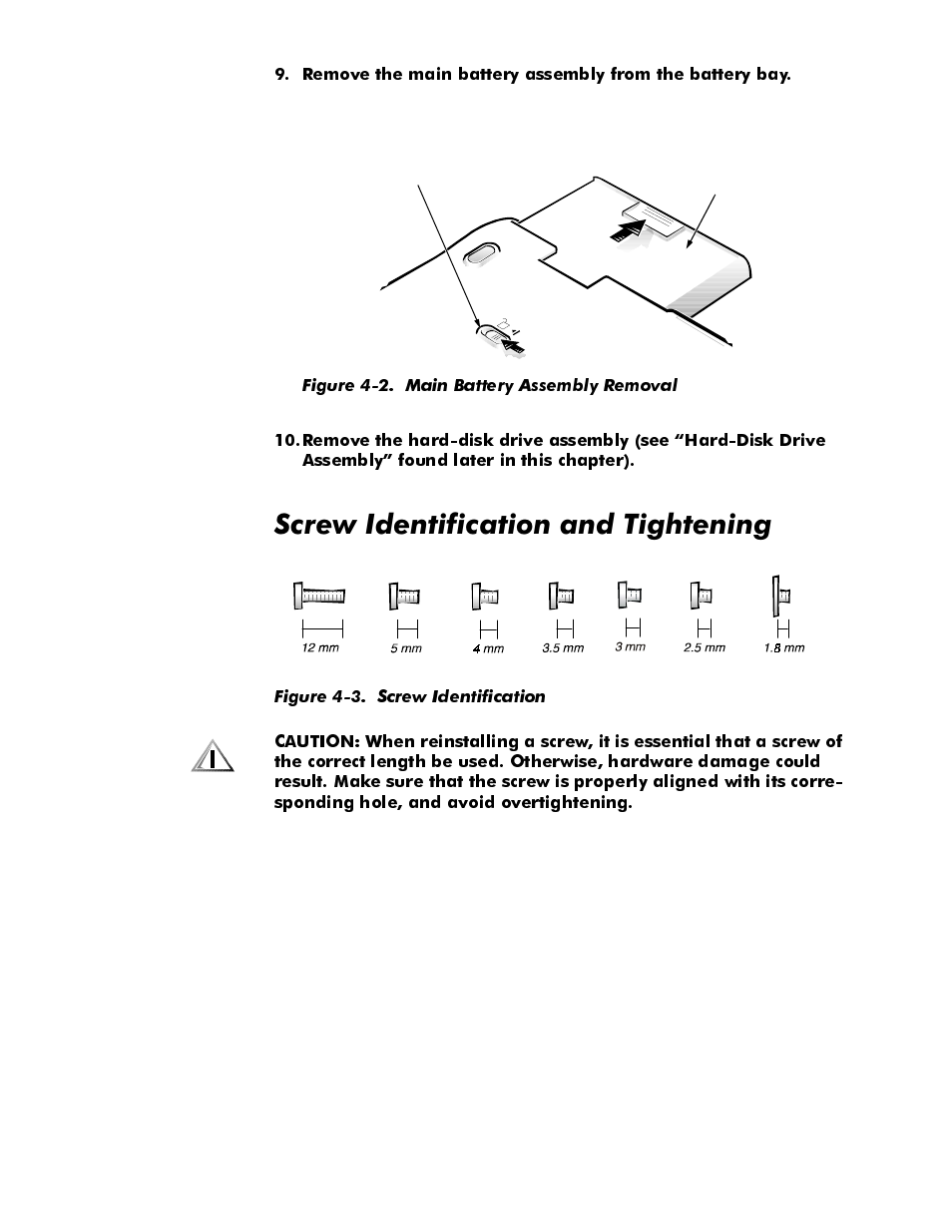 Screw identification and tightening, Screw identification and tightening -3, Figure 4-2 | Main battery assembly removal -3, Figure 4-3, Screw identification -3, 6fuhz,ghqwlilfdwlrqdqg7ljkwhqlqj | Dell Latitude Cpi User Manual | Page 39 / 93