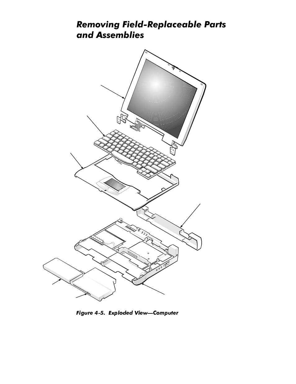 Removing field-replaceable parts andassemblies, Figure 4-5, Exploded view—computer -14 | 5hprylqj)lhog5hsodfhdeoh3duwv dqg $vvhpeolhv | Dell Latitude Cpi User Manual | Page 50 / 93