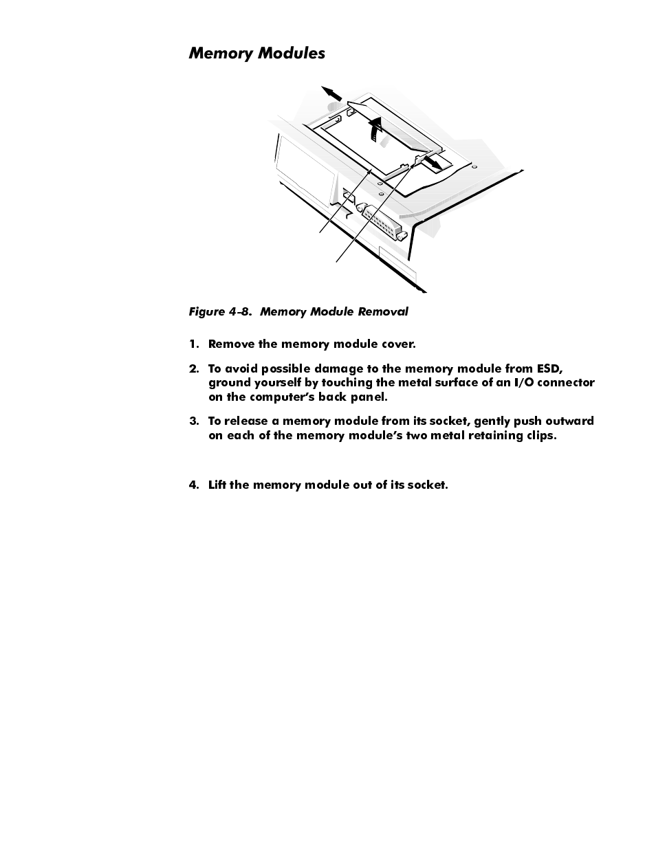 Memory modules, Memory modules -17, Figure 4-8 | Memory module removal -17, 0hpru\0rgxohv | Dell Latitude Cpi User Manual | Page 53 / 93