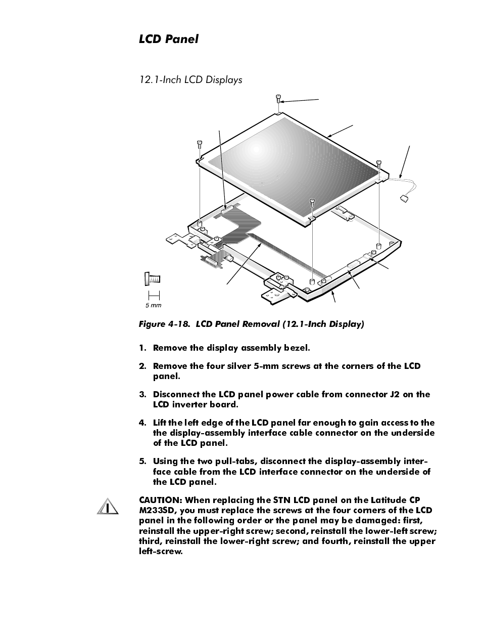 Lcd panel, Inch lcd displays, Lcd panel -31 | Inch lcd displays -31, Figure 4-18, Lcd panel removal (12.1-inch display) -31, 3dqho, Qfk/&''lvsod\v | Dell Latitude Cpi User Manual | Page 67 / 93