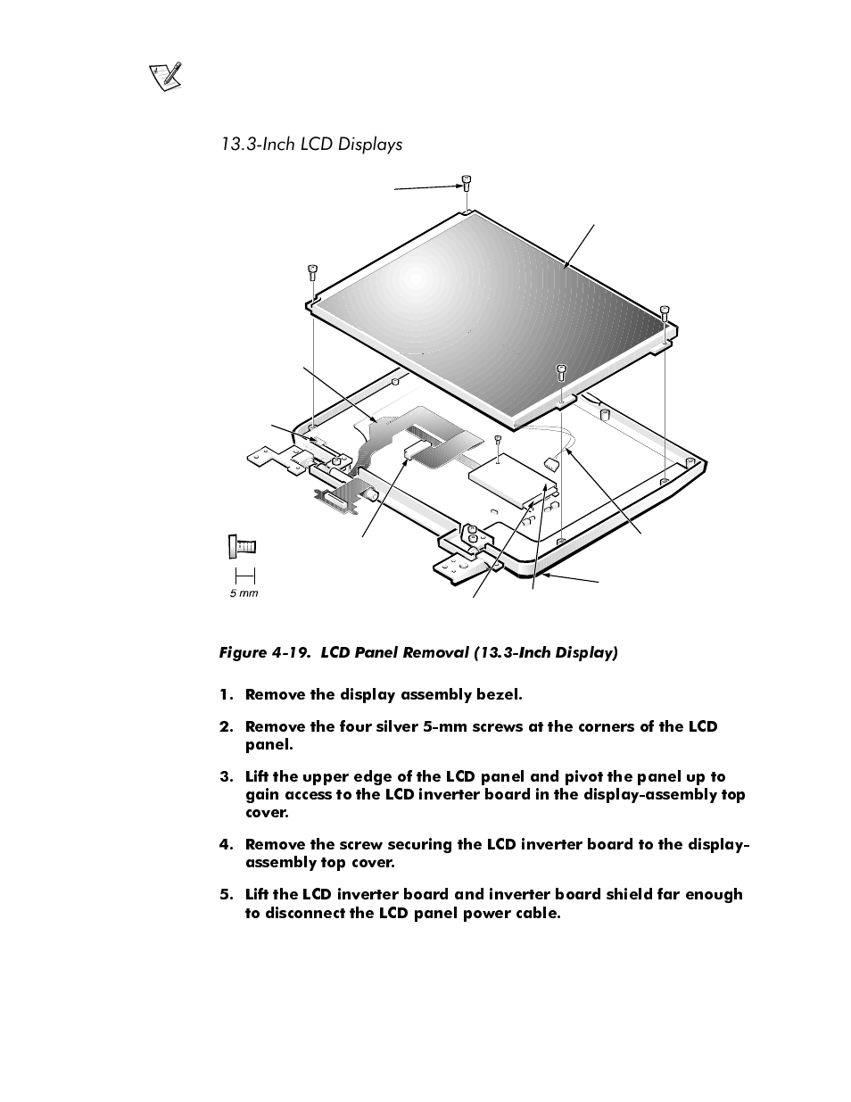 Inch lcd displays, Inch lcd displays -32, Figure 4-19 | Lcd panel removal (13.3-inch display) -32, Qfk/&''lvsod\v | Dell Latitude Cpi User Manual | Page 68 / 93