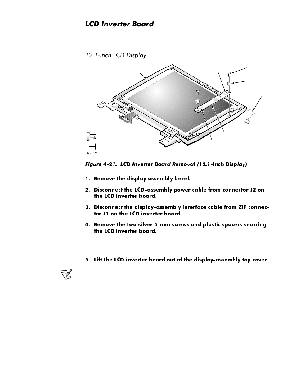 Lcd inverter board, Inch lcd display, Lcd inverter board -35 | Inch lcd display -35, Figure 4-21, Lcd inverter board removal (12.1-inch display) -35, Qyhuwhu%rdug, Qfk/&''lvsod | Dell Latitude Cpi User Manual | Page 71 / 93