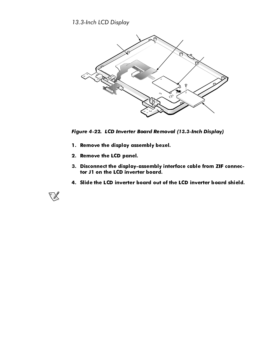 Inch lcd display, Inch lcd display -36, Figure 4-22 | Lcd inverter board removal (13.3-inch display) -36, Qfk/&''lvsod | Dell Latitude Cpi User Manual | Page 72 / 93