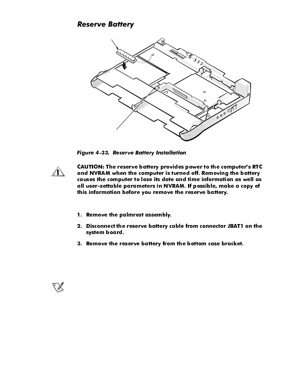 Reserve battery, Reserve battery -52, Figure 4-33 | Reserve battery installation -52, 5hvhuyh%dwwhu | Dell Latitude Cpi User Manual | Page 88 / 93