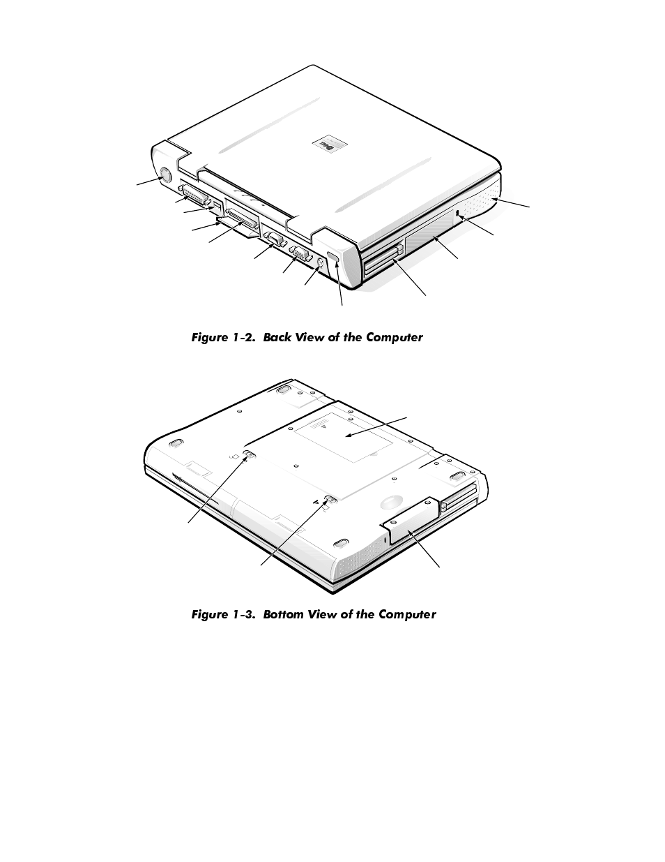 Figure 1-2, Back view of the computer -3, Figure 1-3 | Bottom view of the computer -3 | Dell Latitude Cpi User Manual | Page 9 / 93