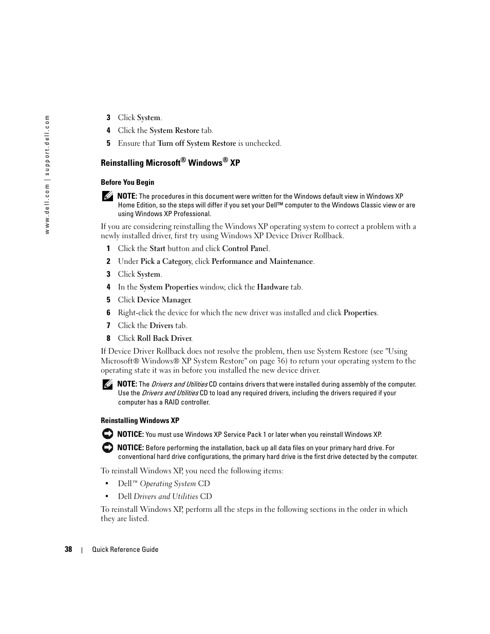 Reinstalling microsoft® windows® xp, Reinstalling microsoft | Dell OptiPlex GX520 User Manual | Page 38 / 128