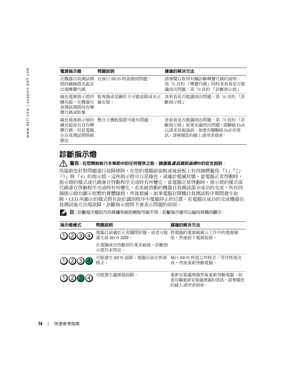 診斷指示燈, 查看看是否能識別出問題。第 74 頁的 「診, 斷指示燈 | 看看是否能識別出問題。第 74 頁的 「診 | Dell OptiPlex GX520 User Manual | Page 74 / 128