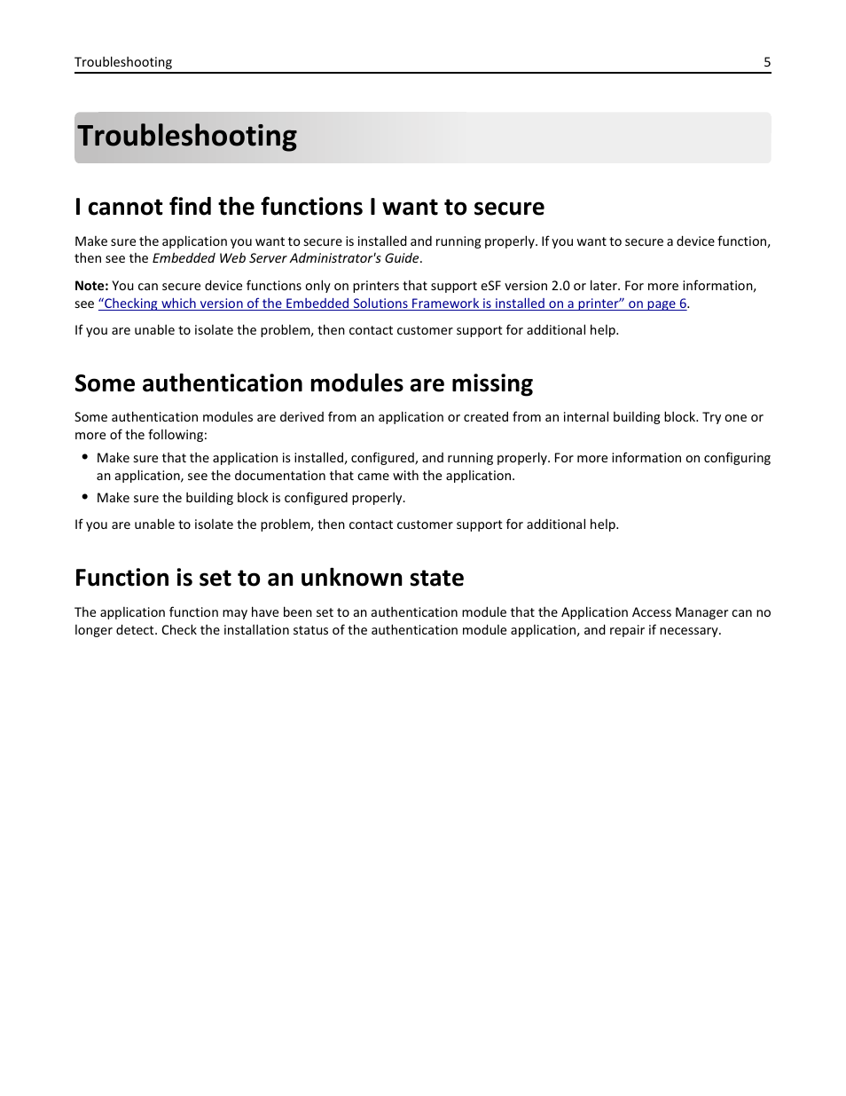 Troubleshooting, I cannot find the functions i want to secure, Some authentication modules are missing | Function is set to an unknown state | Dell B3460dn Mono Laser Printer User Manual | Page 5 / 12