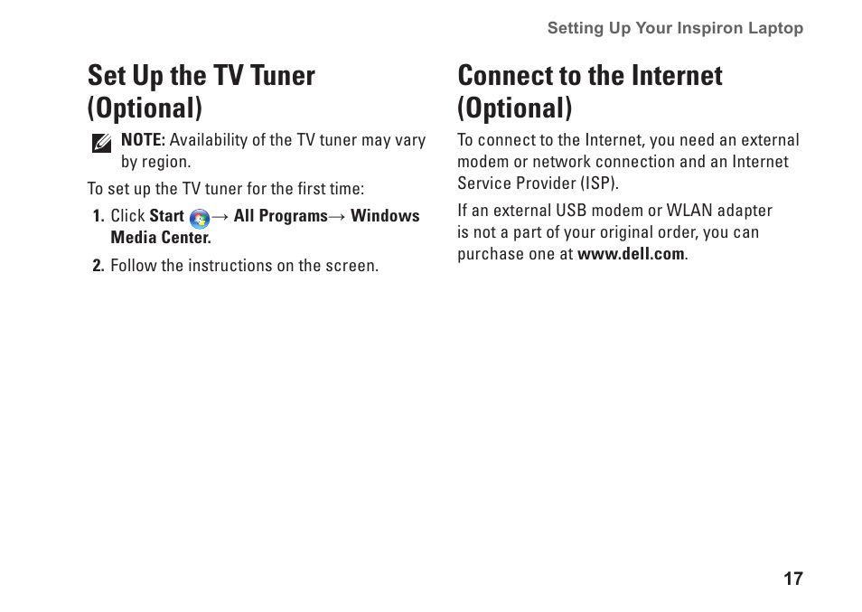 Set up the tv tuner (optional), Connect to the internet (optional) | Dell Inspiron 13z (N301z, Mid 2010) User Manual | Page 19 / 90